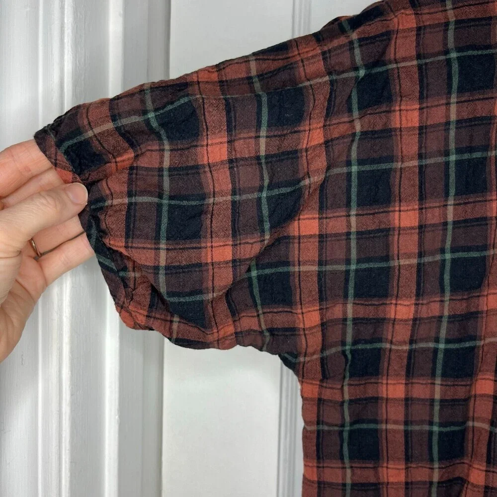 Madewell Womens Shirt XS Pink Plaid Cotton Short Puff Sleeve Gathered V-Neck